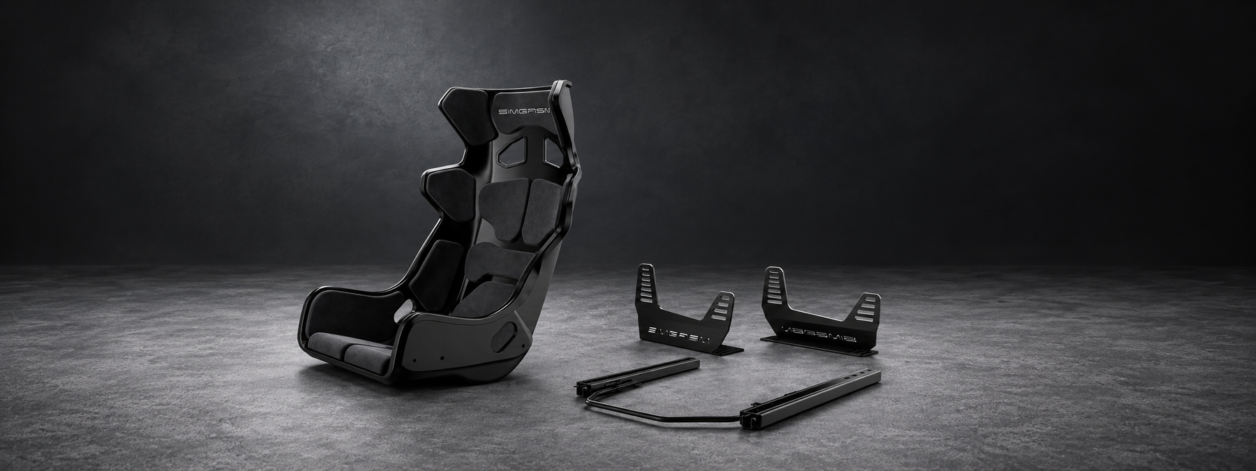 Black SIMGASM Atlas GT seat with separate seat brackets and dual-locking slider arranged as a complete mounting kit