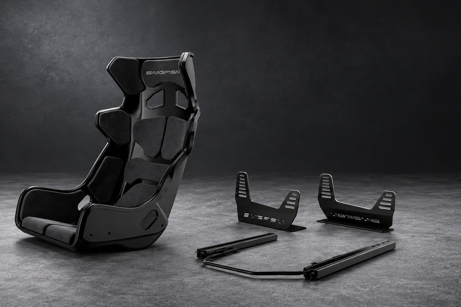 Black SIMGASM Atlas GT seat with separate seat brackets and dual-locking slider arranged as a complete mounting kit