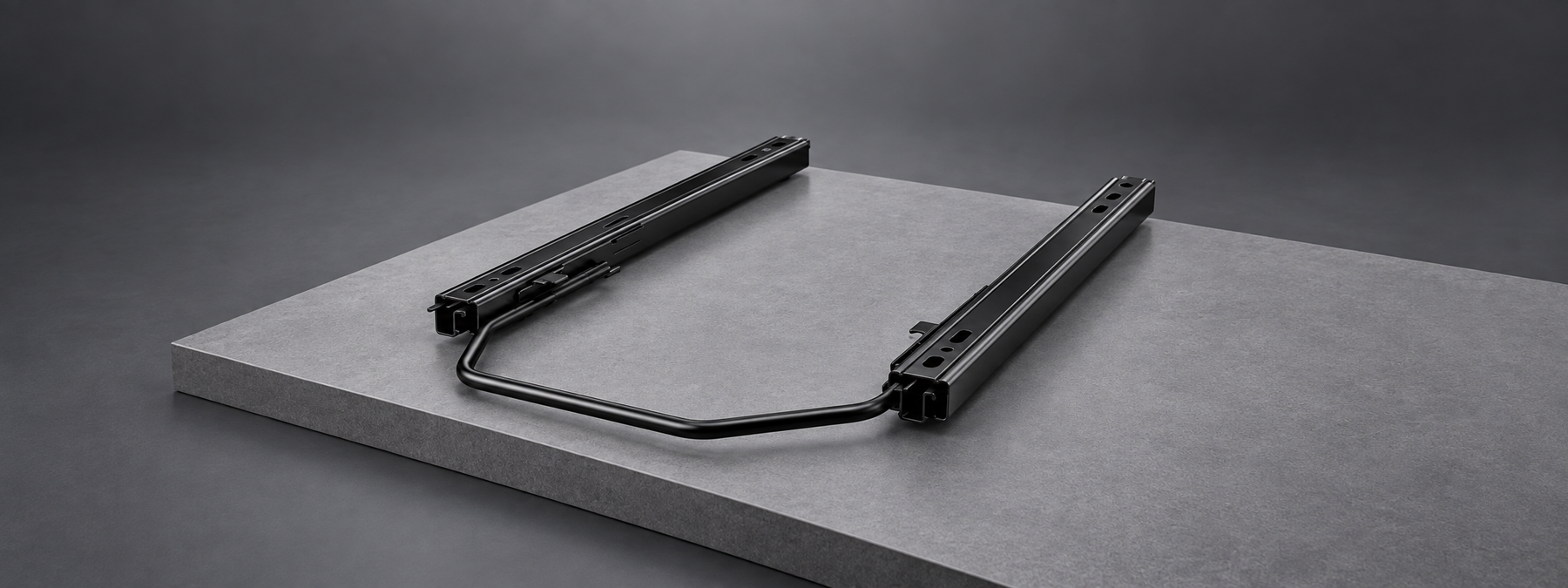 Close-up of the black SIMGASM SL24 dual-locking seat slider set with two parallel rails and a front release handle.