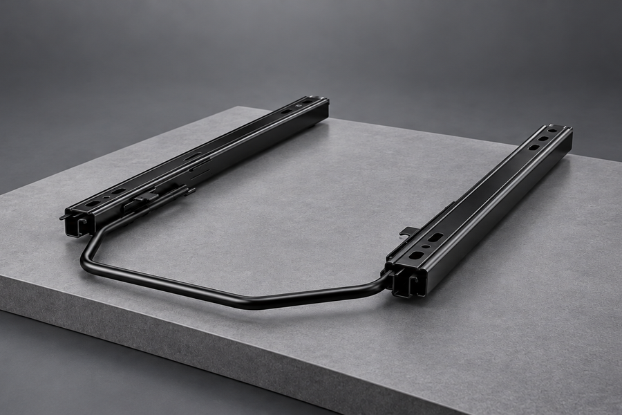 Close-up of the black SIMGASM SL24 dual-locking seat slider set with two parallel rails and a front release handle.