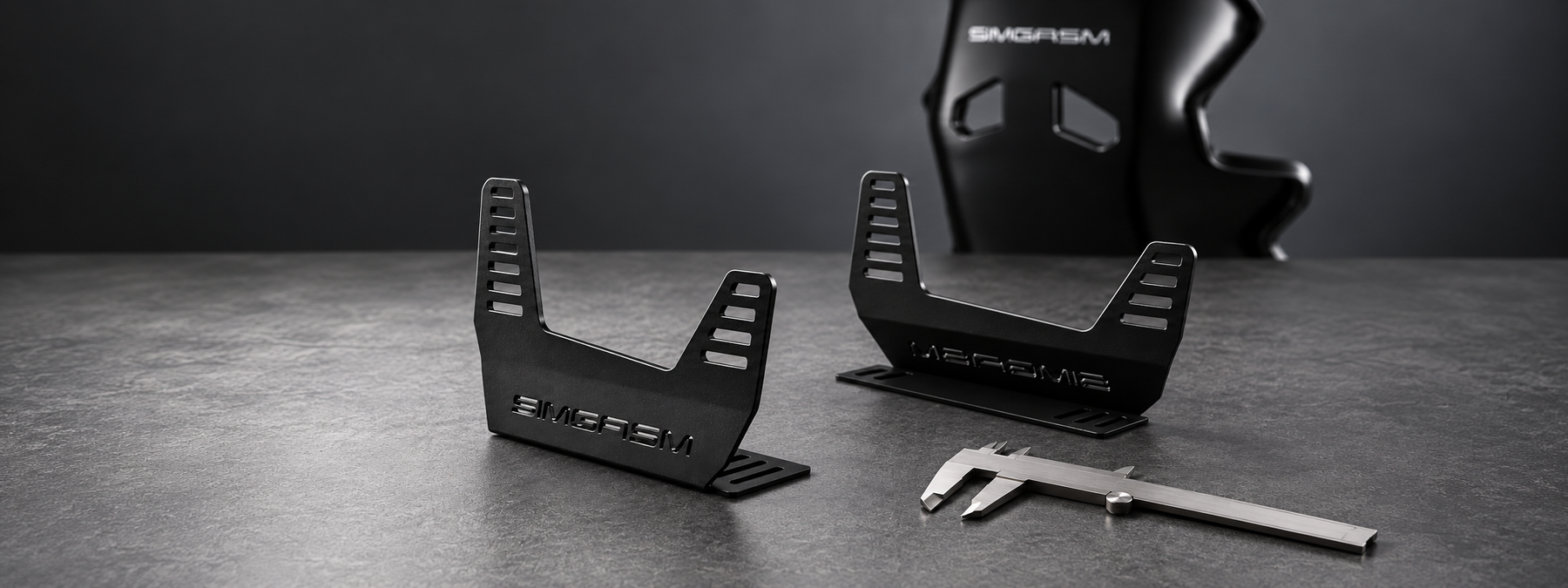 SIMGASM side-mount seat brackets with mounting slots and a caliper beside an Atlas GT seat shell