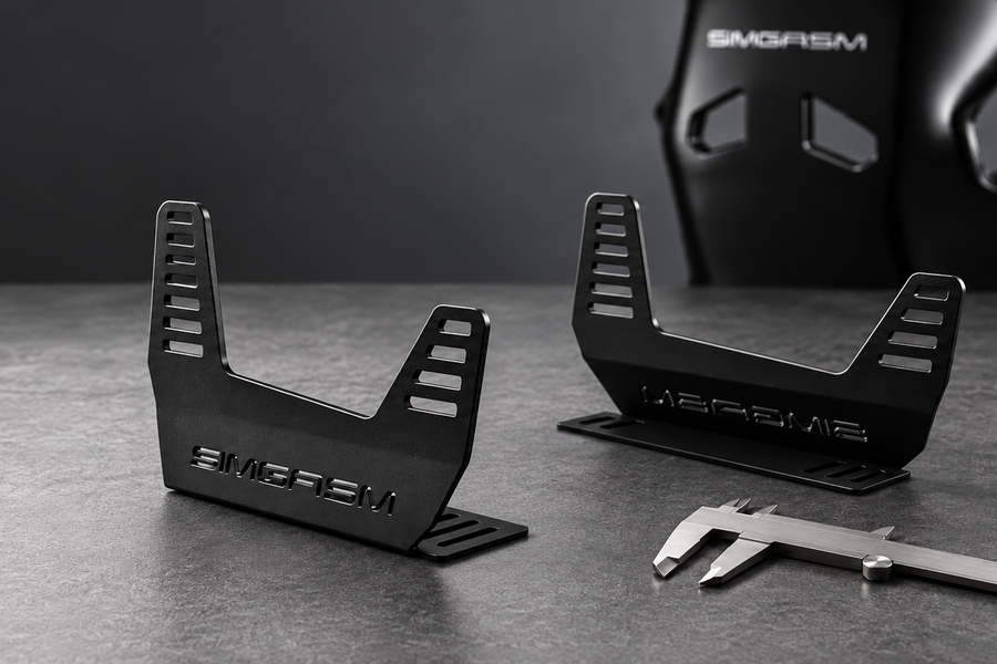 SIMGASM side-mount seat brackets with mounting slots and a caliper beside an Atlas GT seat shell