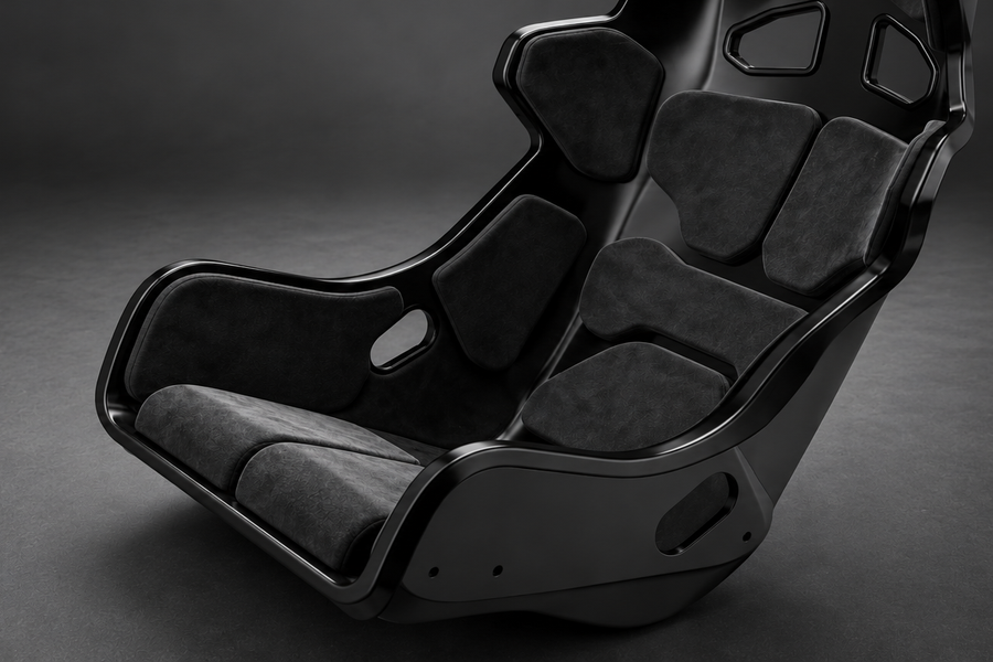 Close-up of the SIMGASM Atlas GT seat showing shaped hip bolsters and removable support cushions