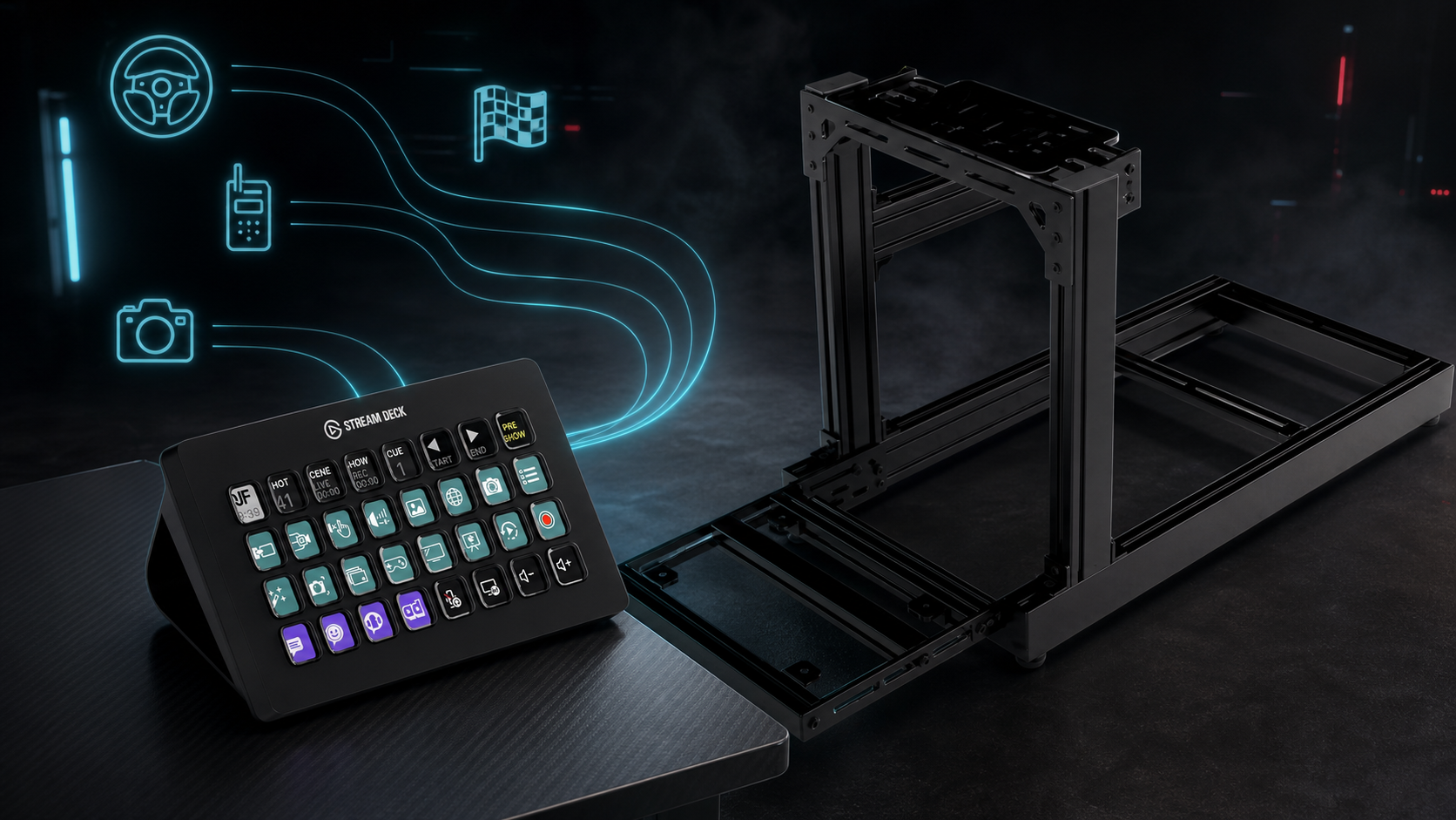 Stream Deck beside a compact SIMGASM cockpit with control-flow graphics for sim racing layouts and bindings