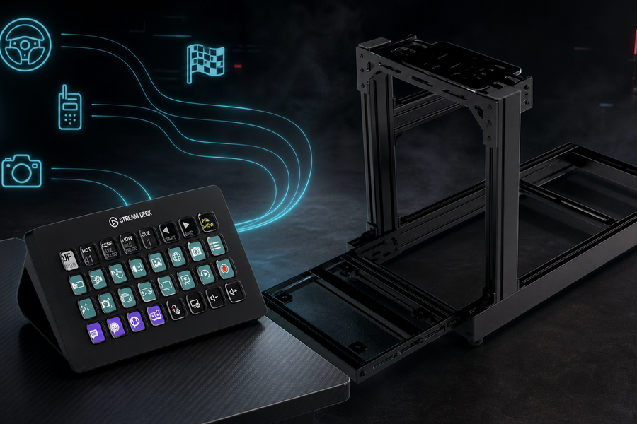 Stream Deck beside a compact SIMGASM cockpit with control-flow graphics for sim racing layouts and bindings