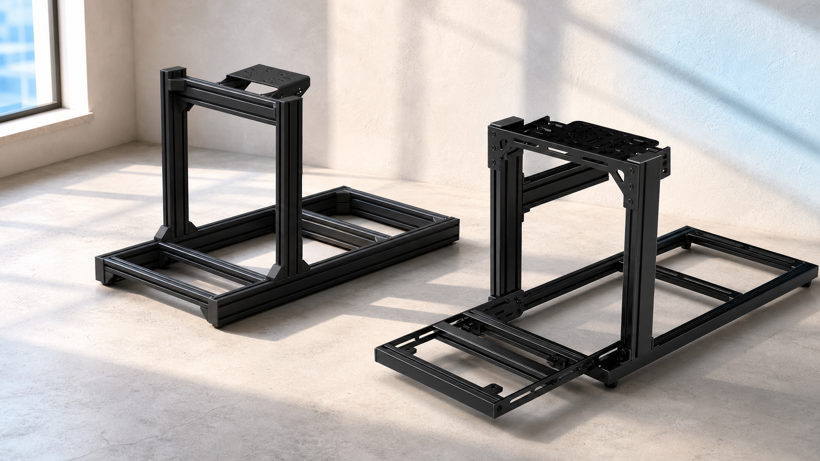 TREQ Rookie and SIMGASM Hobby aluminium-profile sim racing cockpits in a bright first-rig comparison