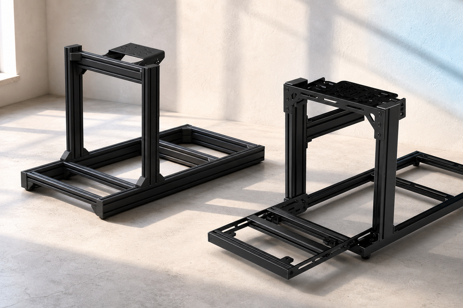 TREQ Rookie and SIMGASM Hobby aluminium-profile sim racing cockpits in a bright first-rig comparison