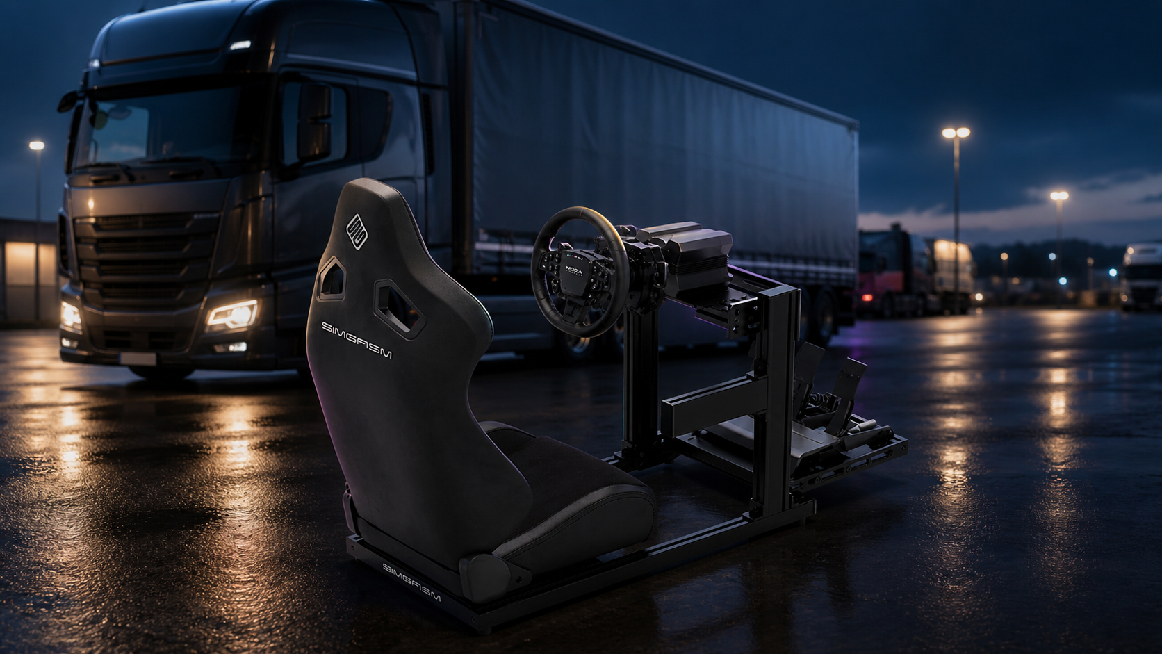 SIMGASM cockpit with MOZA steering wheel in front of a European truck at a wet logistics depot for ETS2 and ATS