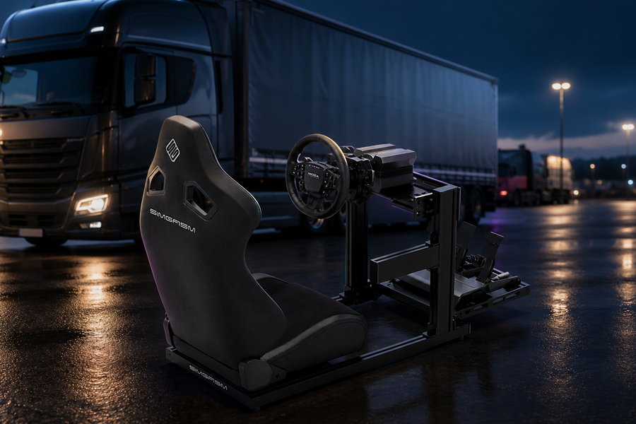 SIMGASM cockpit with MOZA steering wheel in front of a European truck at a wet logistics depot for ETS2 and ATS