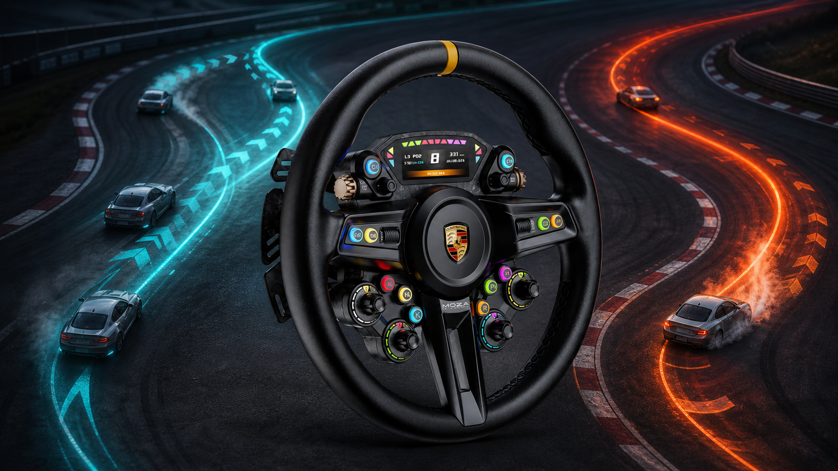 MOZA Porsche steering wheel in front of understeer and oversteer corner-path graphics