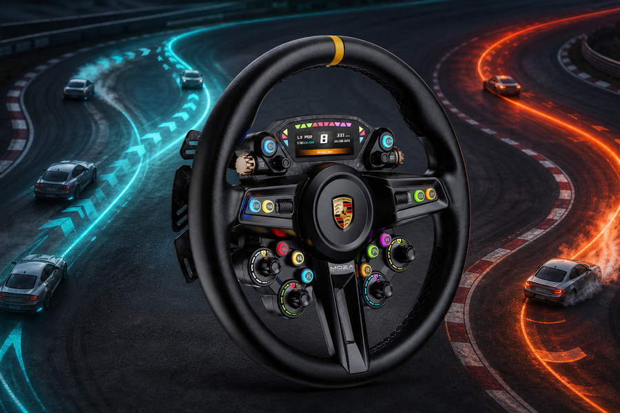 MOZA Porsche steering wheel in front of understeer and oversteer corner-path graphics