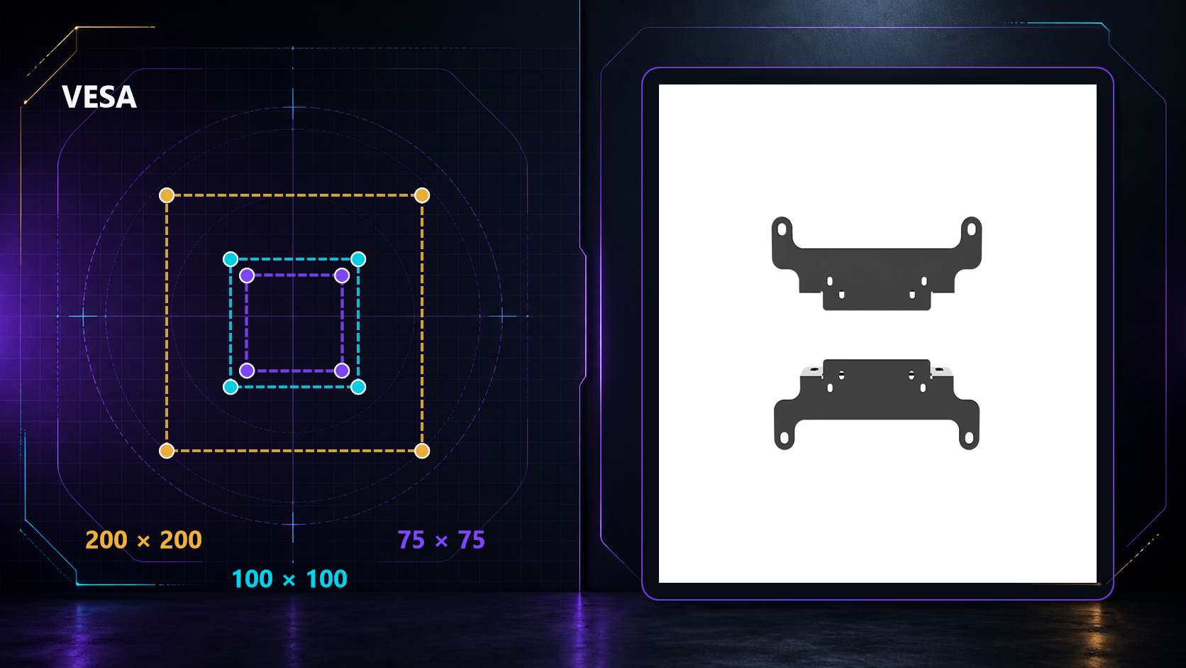 SIMGASM VESA bracket with 75x75, 100x100 and 200x200 mounting-pattern graphics.