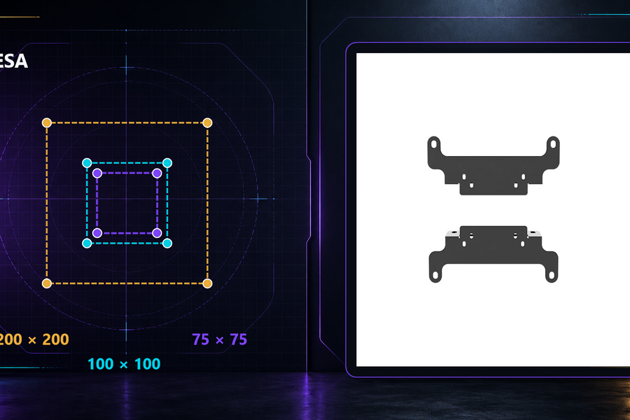 SIMGASM VESA bracket with 75x75, 100x100 and 200x200 mounting-pattern graphics.