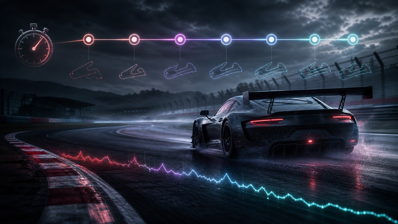 GT race car with weekly practice, stopwatch and lap-progress graphics for an iRacing and ACC training plan