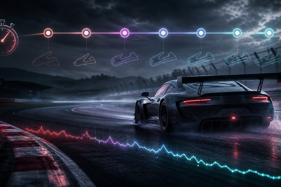 GT race car with weekly practice, stopwatch and lap-progress graphics for an iRacing and ACC training plan