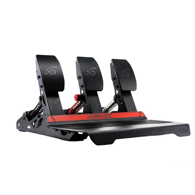 Angled view of the SIMAGIC P700 brake and throttle pedals showing the red springs and adjustable pedal arms