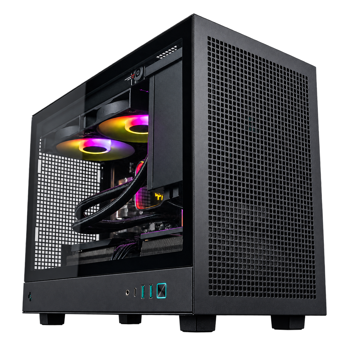 Front-right view of the black SIMGASM PC COOL case with mesh panels and illuminated internal components