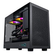 Front-right view of the black SIMGASM PC COOL case with mesh panels and illuminated internal components
