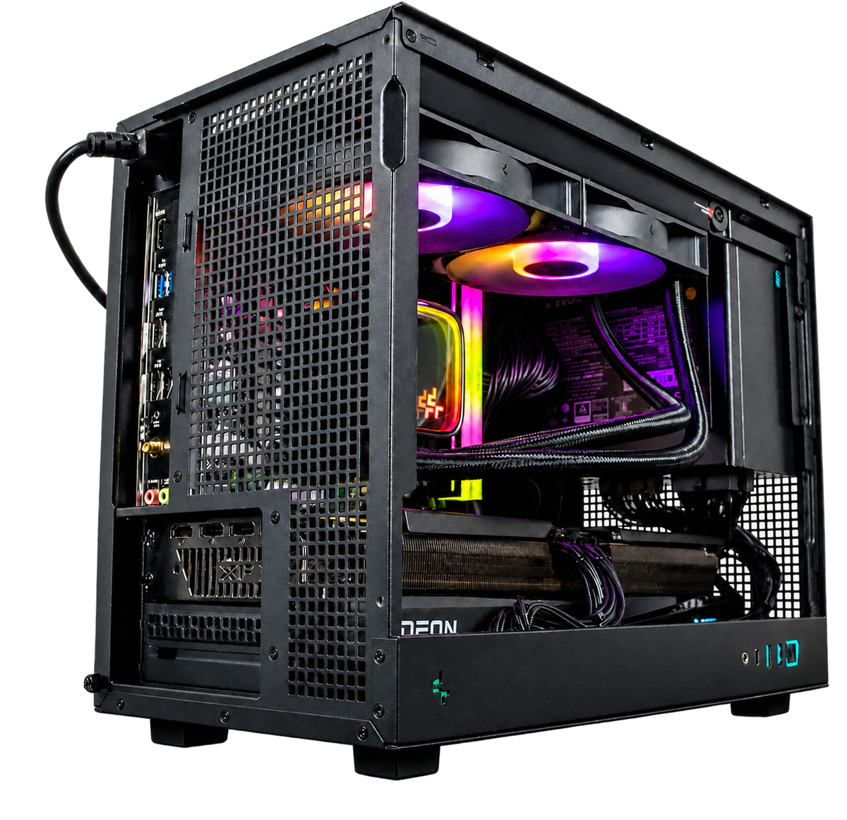Rear-right angled view of the SIMGASM PC COOL showing the rear I/O panel, RGB cooling and compact case layout