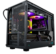Rear-right angled view of the SIMGASM PC COOL showing the rear I/O panel, RGB cooling and compact case layout