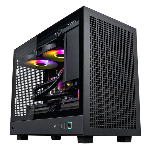Front-right view of the black SIMGASM PC COOL case with mesh panels and illuminated internal components