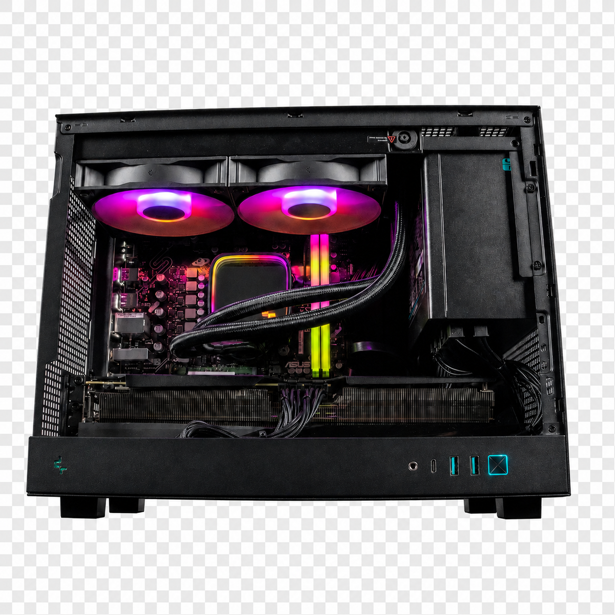 Left-side view inside the SIMGASM PC COOL showing the RGB fans, liquid cooler and Radeon graphics card