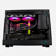 Left-side view inside the SIMGASM PC COOL showing the RGB fans, liquid cooler and Radeon graphics card