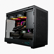Front-left angled view of the SIMGASM PC COOL with RGB-lit cooling fans visible through the open side