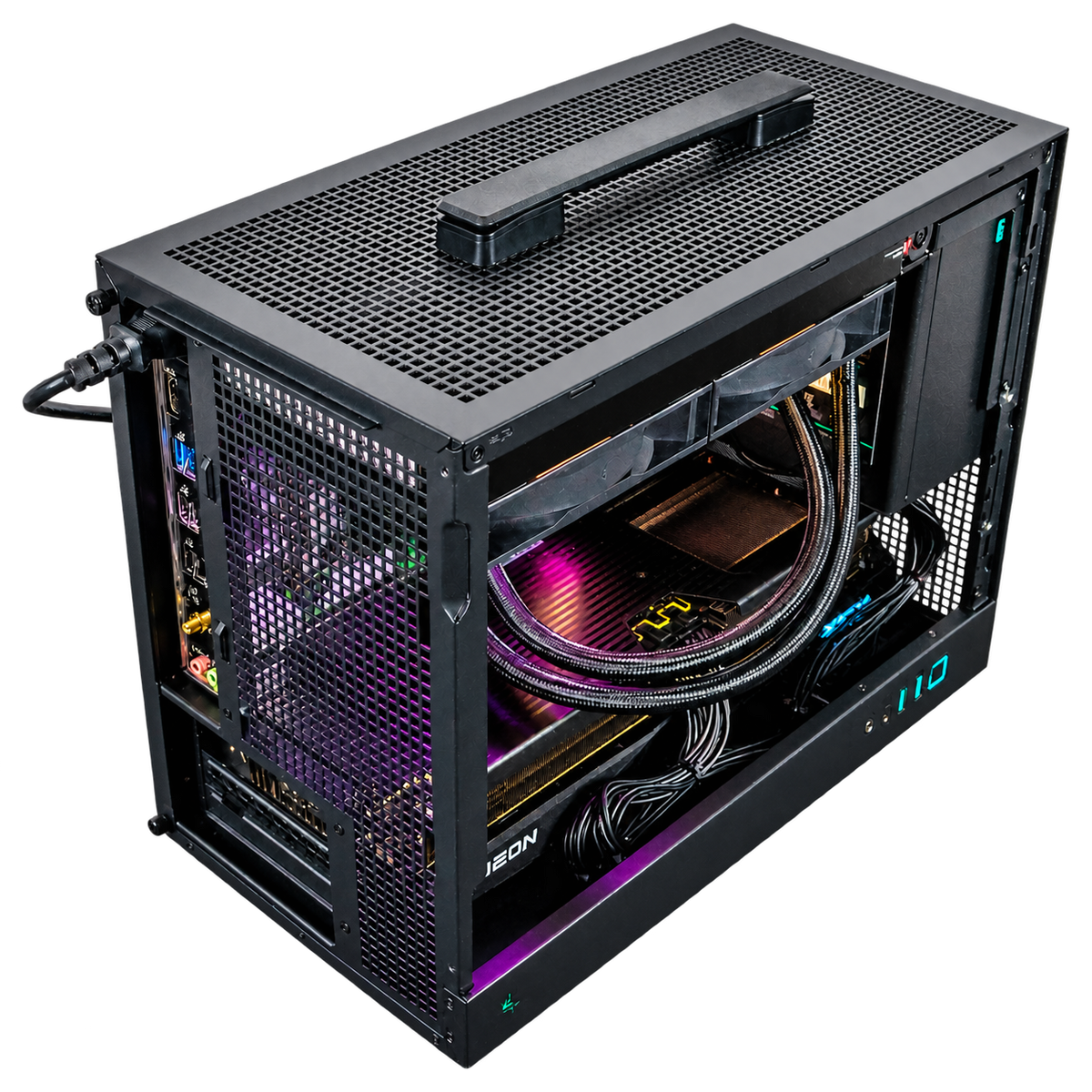Top-rear angled view of the SIMGASM PC COOL showing the case handle, rear connections and internal hardware