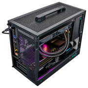 Top-rear angled view of the SIMGASM PC COOL showing the case handle, rear connections and internal hardware