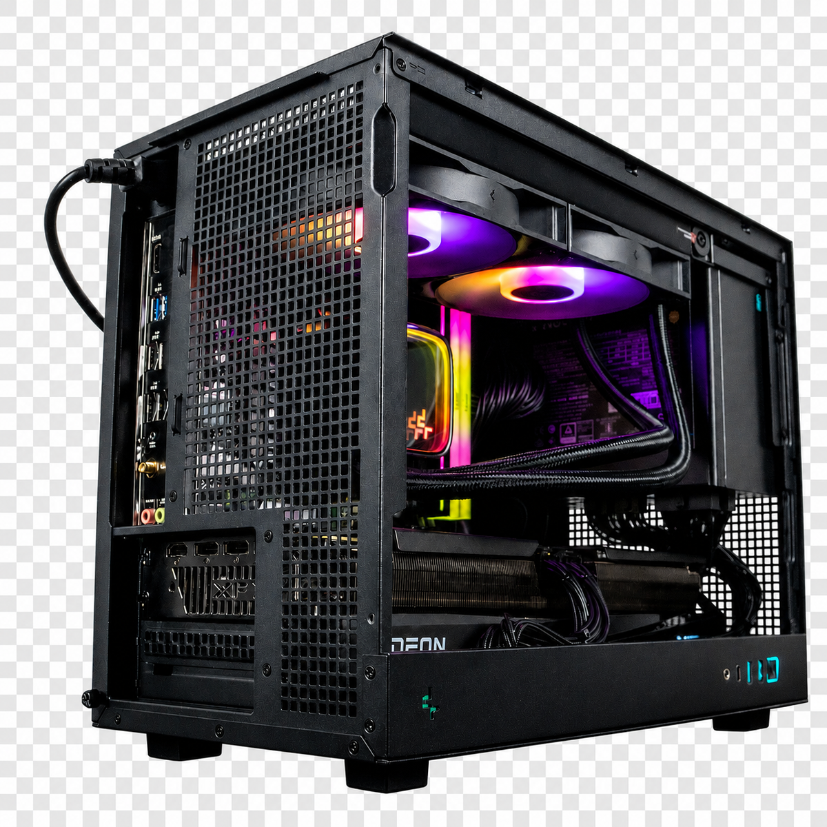 Rear-left angled view of the SIMGASM PC COOL showing the motherboard ports, RGB fans and cooling tubes