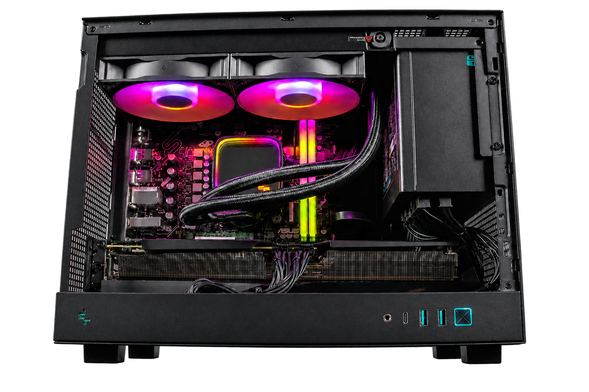 Straight side view inside the SIMGASM PC COOL with RGB fans, liquid cooling and Radeon graphics card