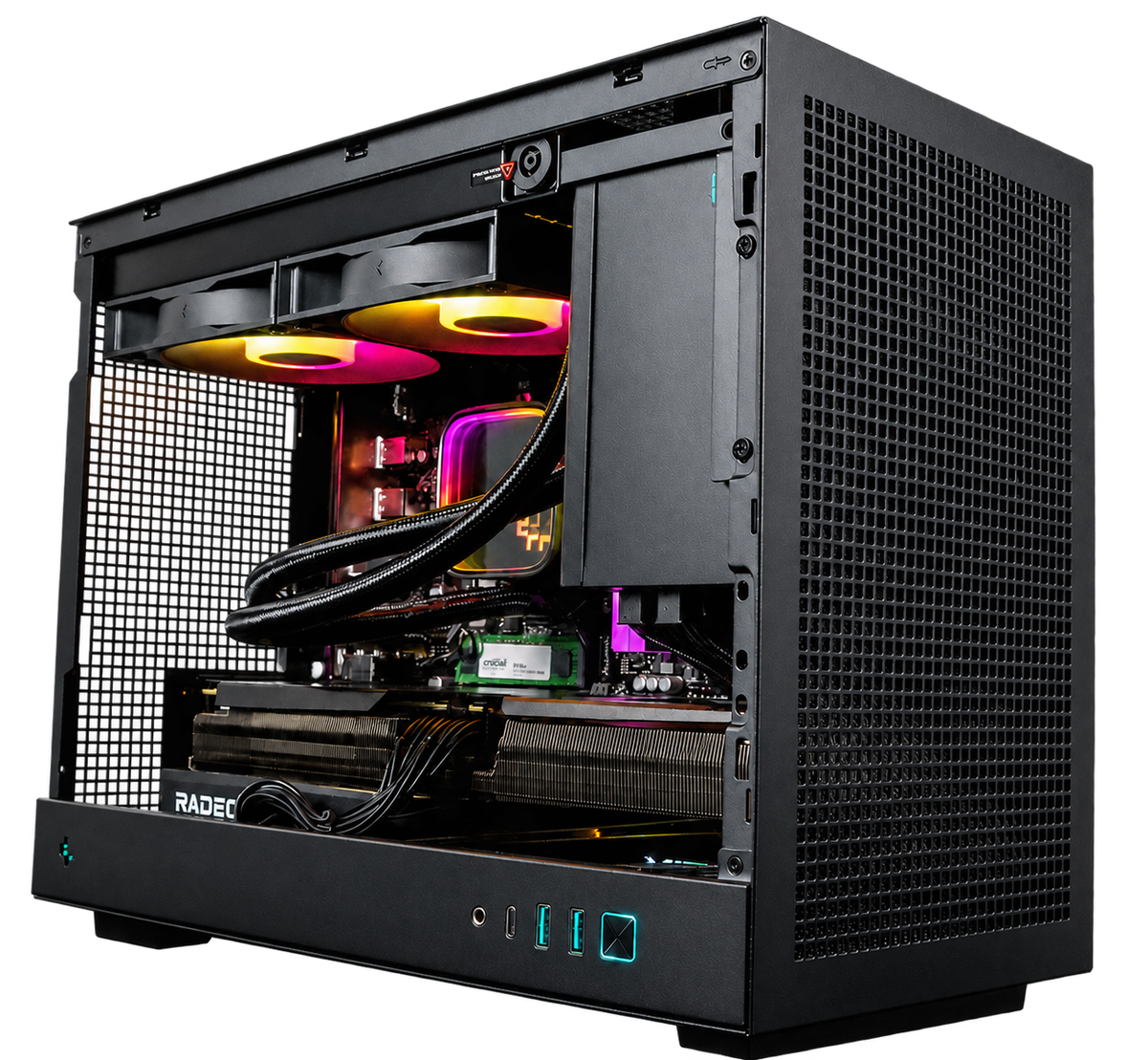 Close front-right view inside the SIMGASM PC COOL showing the twin RGB fans, radiator and Radeon graphics card