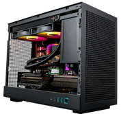 Close front-right view inside the SIMGASM PC COOL showing the twin RGB fans, radiator and Radeon graphics card