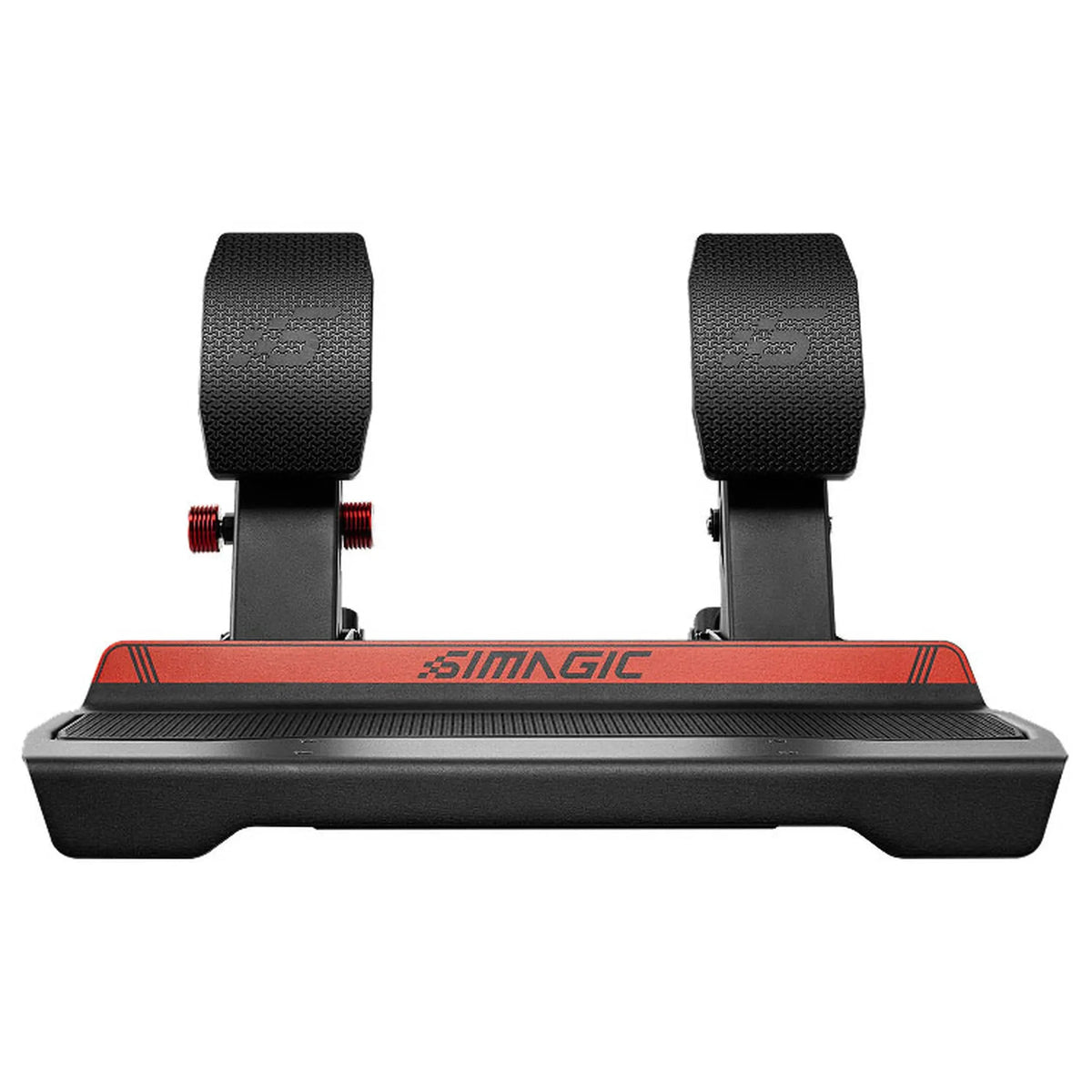 Front view of the black SIMAGIC P700 two-pedal set with brake and throttle mounted on the heel plate