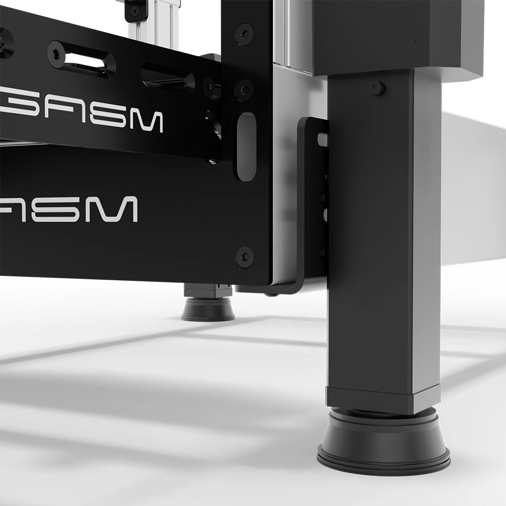 Close-up of a motion actuator secured to a SIMGASM chassis with a black BS-MA steel bracket