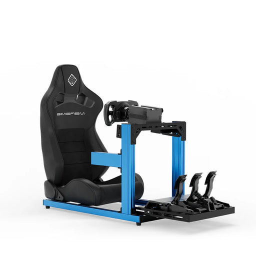 SIMGASM Hobby blue sim racing cockpit with black reclining seat and MOZA wheel base, front three-quarter studio view