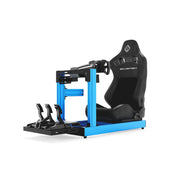 SIMGASM Club blue sim racing cockpit with black reclining seat and MOZA wheel base, front three-quarter studio view