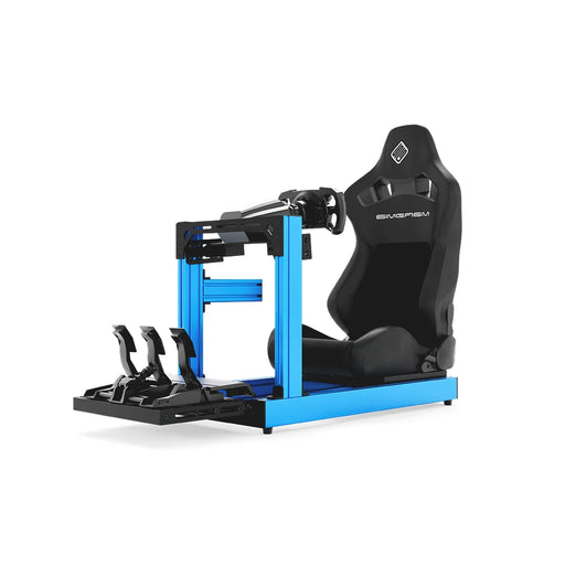 SIMGASM Club blue sim racing cockpit with black reclining seat and MOZA wheel base, front three-quarter studio view