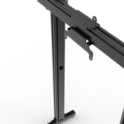 Close-up of the VESA mounts and adjustable support structure on the black SIMGASM Apex freestanding single monitor stand