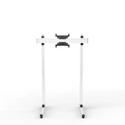 Left three-quarter view of the white SIMGASM Apex freestanding single monitor stand