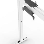 Close-up of the VESA mounts and height-adjustment clamp on the white SIMGASM Apex freestanding single monitor stand