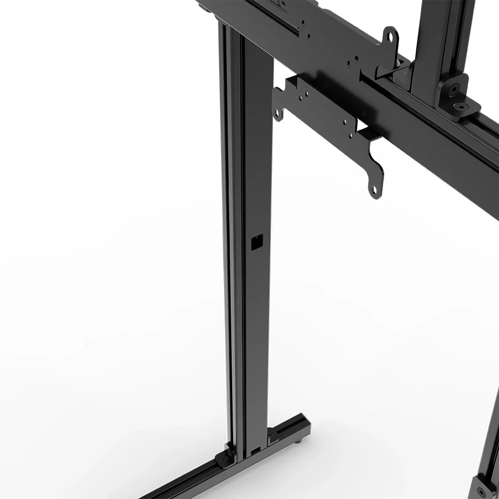 Close-up of the VESA mounts and adjustable support structure on the black SIMGASM Apex freestanding double monitor stand