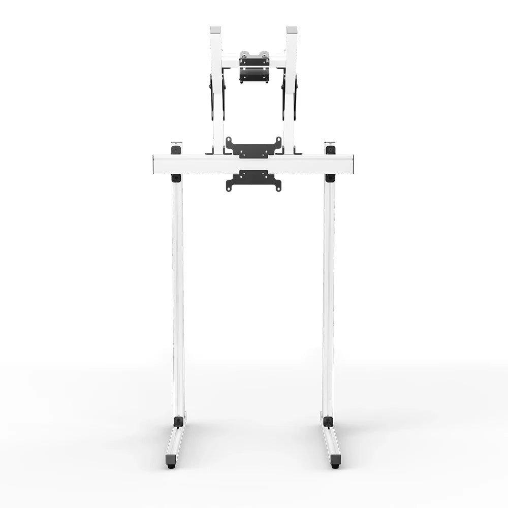 Left three-quarter view of the white SIMGASM Apex freestanding double monitor stand