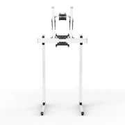 Left three-quarter view of the white SIMGASM Apex freestanding double monitor stand