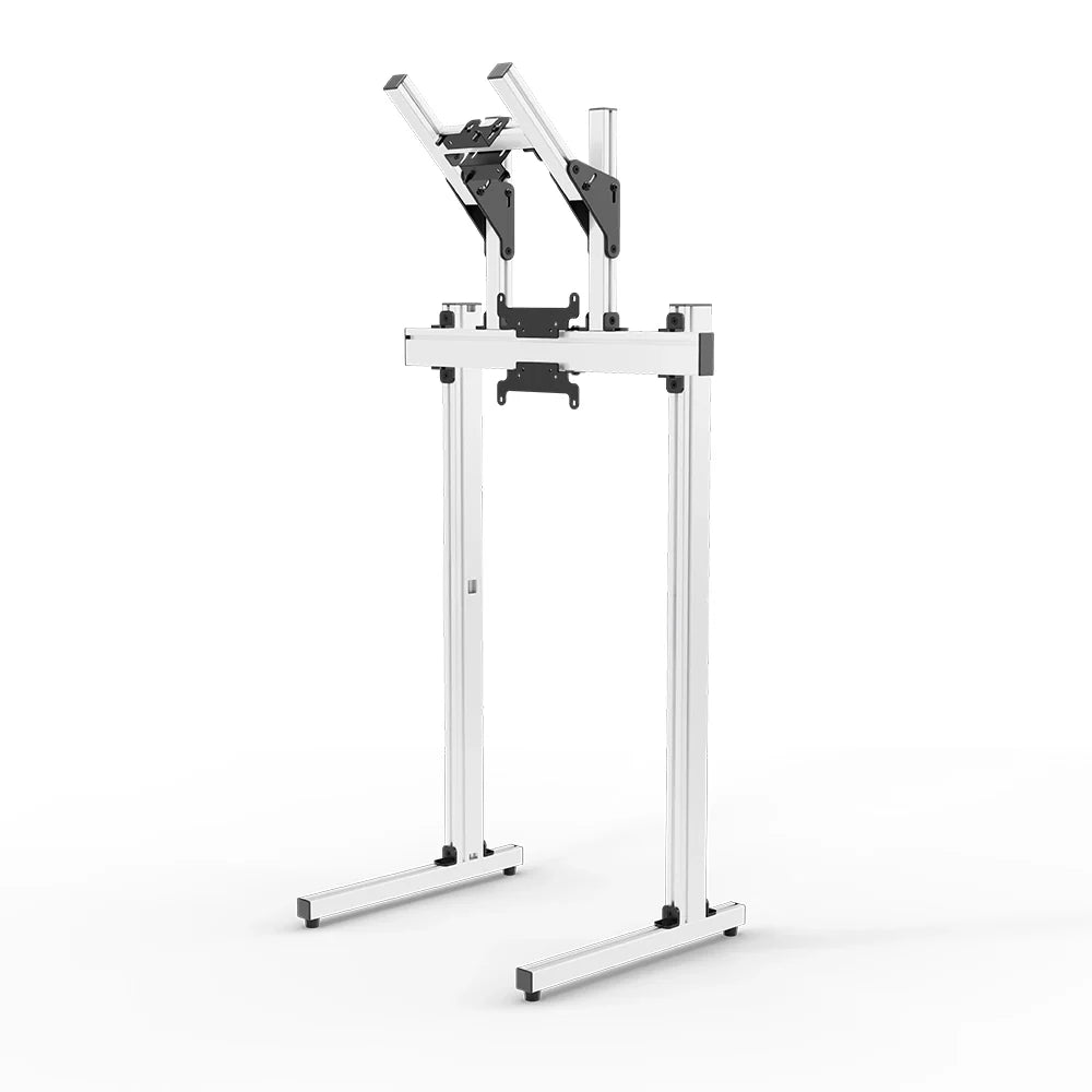 Straight-on view of the white SIMGASM Apex freestanding double monitor stand