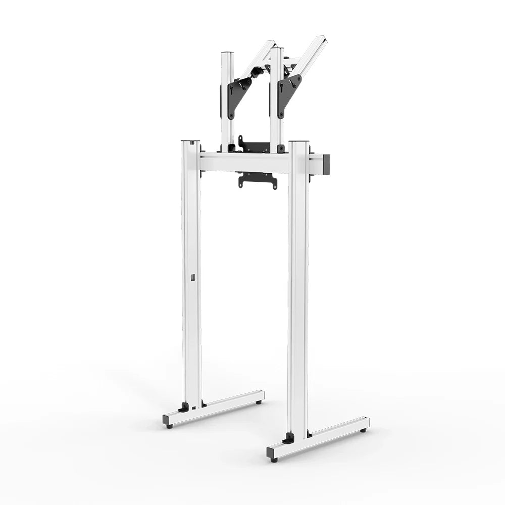 Right three-quarter view of the white SIMGASM Apex freestanding double monitor stand