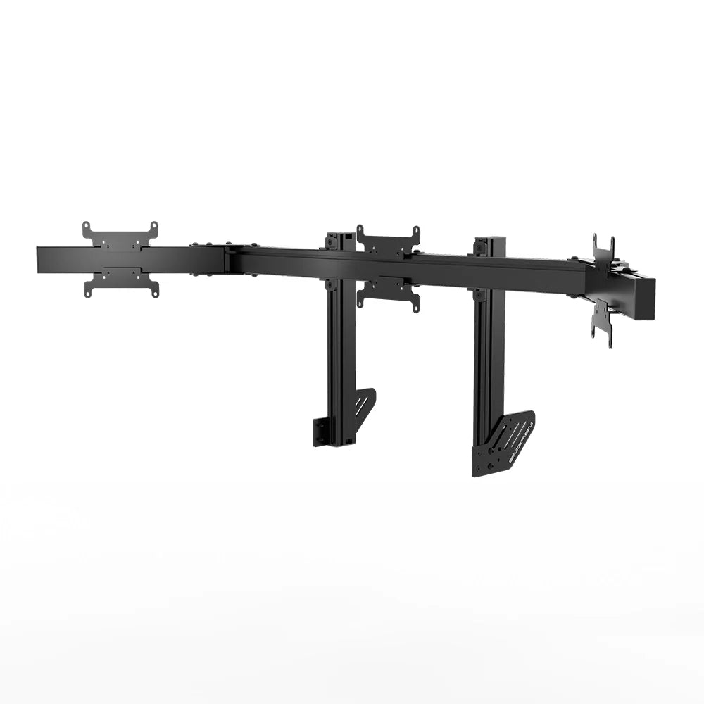 Straight-on view of the black SIMGASM Apex integrated triple monitor stand