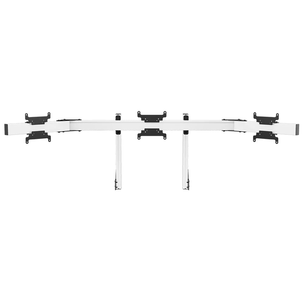 Left three-quarter view of the white SIMGASM Apex integrated triple monitor stand