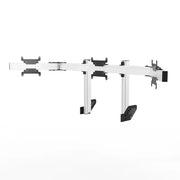 Straight-on view of the white SIMGASM Apex integrated triple monitor stand